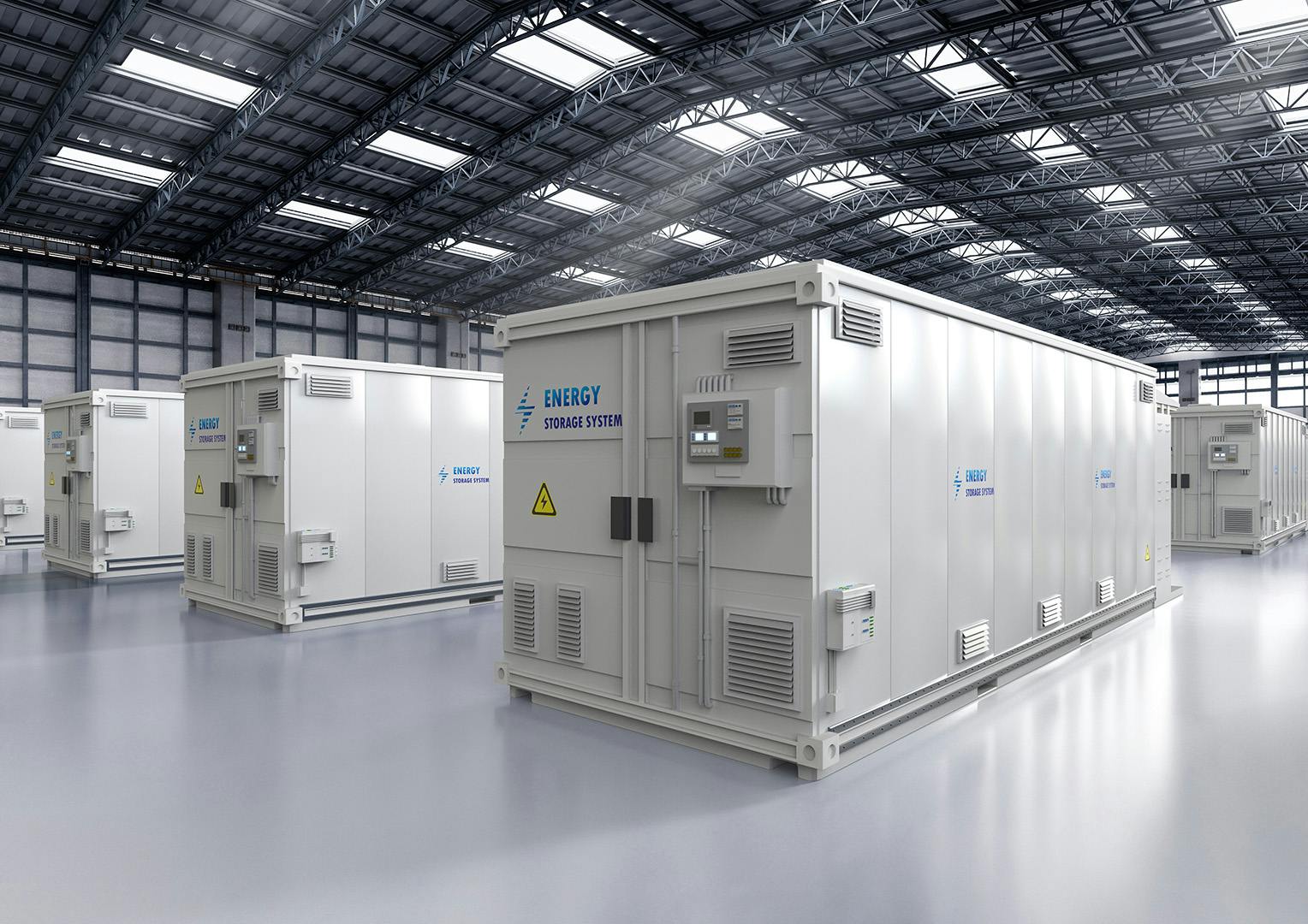 Energy storage containers sitting inside a warehousing space