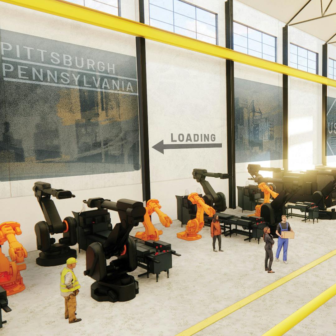 Indoor rendering of the New Kensington manufacturing space with people and machinery working