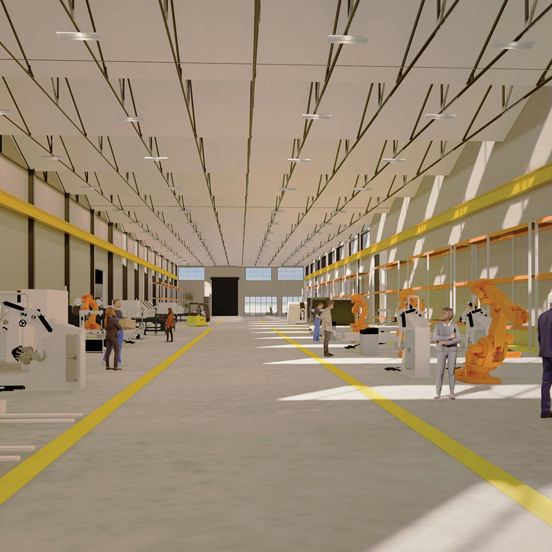 Indoor rendering of the New Kensington manufacturing space with people and machinery working