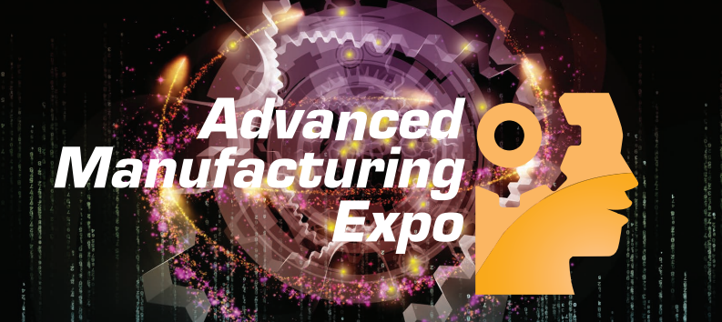 Advanced Manufacturing Expo hero image of cogs and engineering with magic dust and a graphic of a face