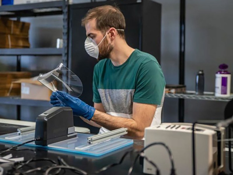 We partnered with local companies Fabri-Kal, Schupan & Sons, and Southwest Michigan First to make face shields during the Covid-19 pandemic.
